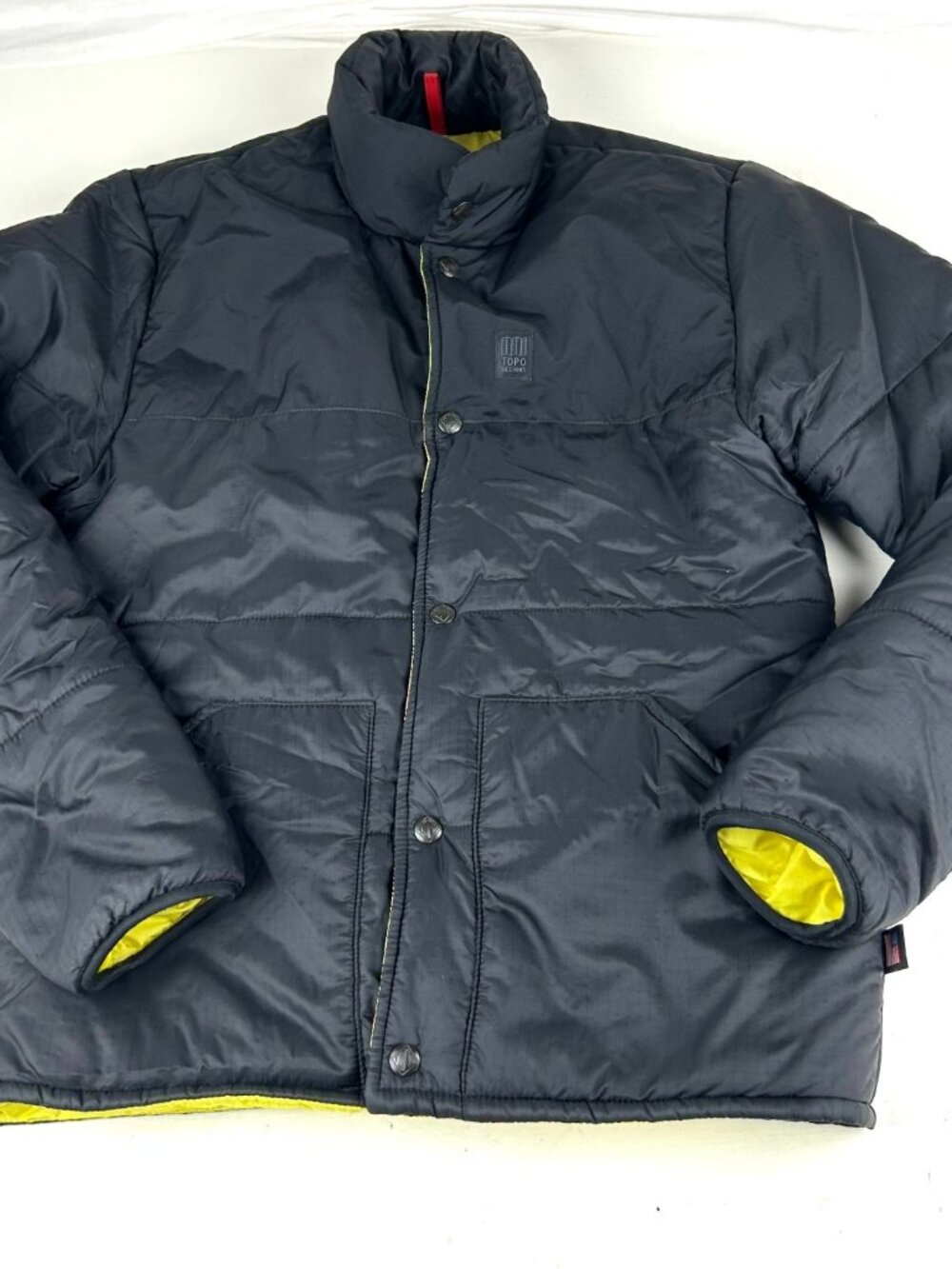 Topo Designs Puffer Jacket Men's Small Gray Yellow Lining Snap Front Made in USA